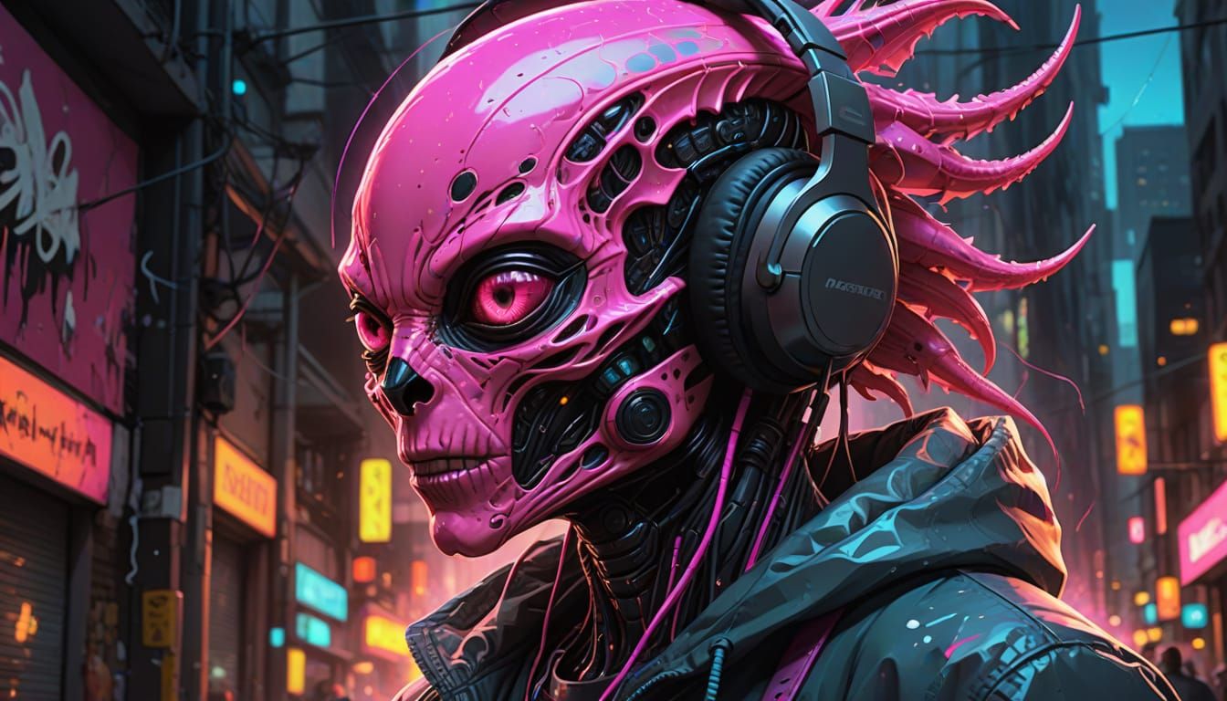 Neon Pink Alien in Graffiti Art Style