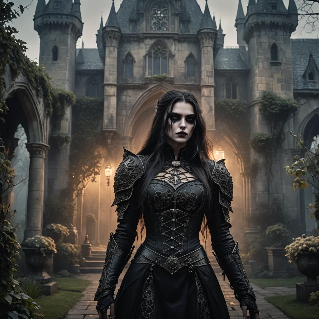 A young female long haired vampire, vilain warrior dark hero...