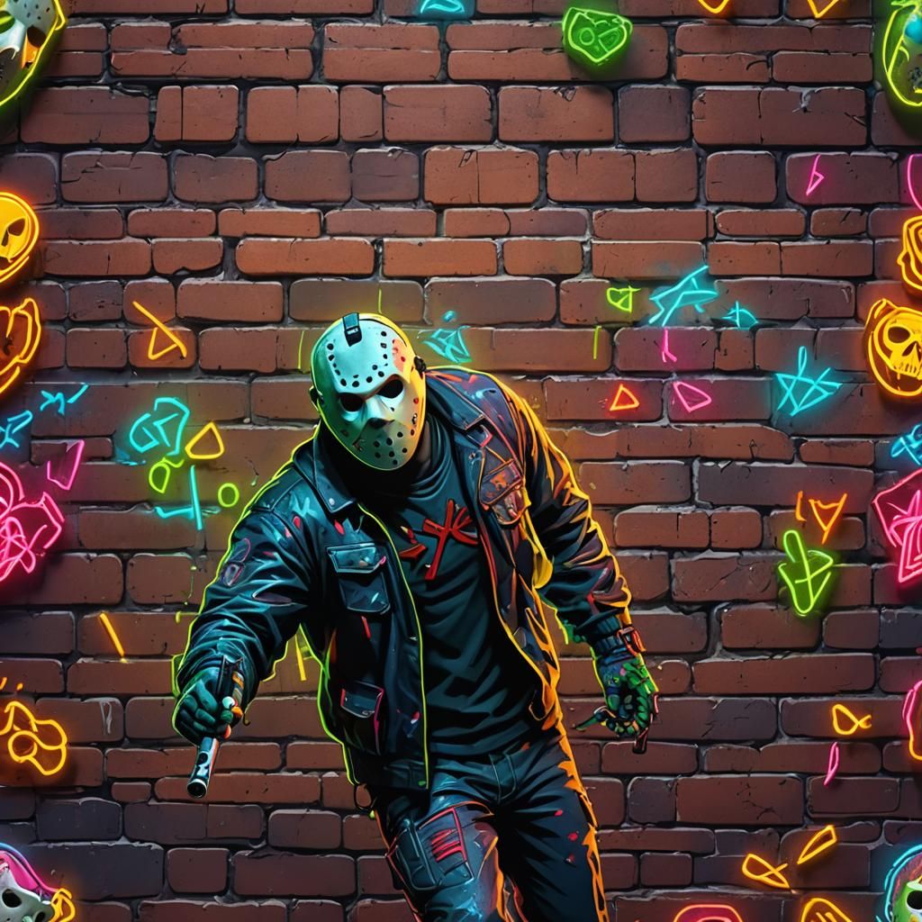 Jason Voorhees Neon Graffiti Render in Digital Art Style