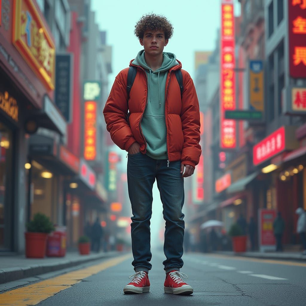 Young Man in City Street: Cyberpunk Style