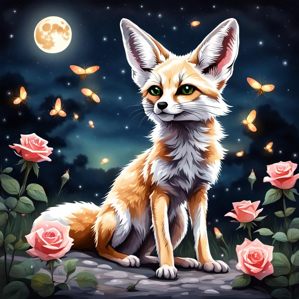 Fennec Fox with Rose and Fireflies