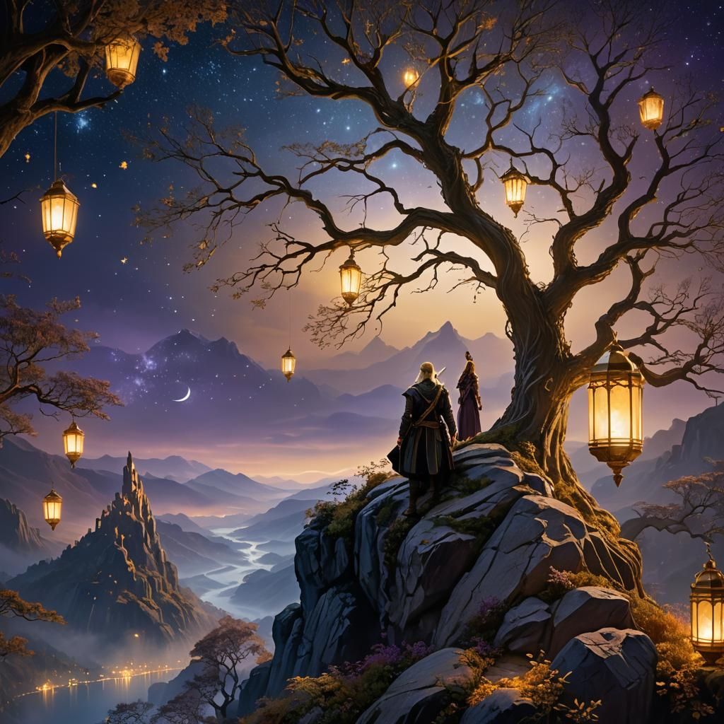Ethereal Fantasy Landscape with Golden Elven Realm