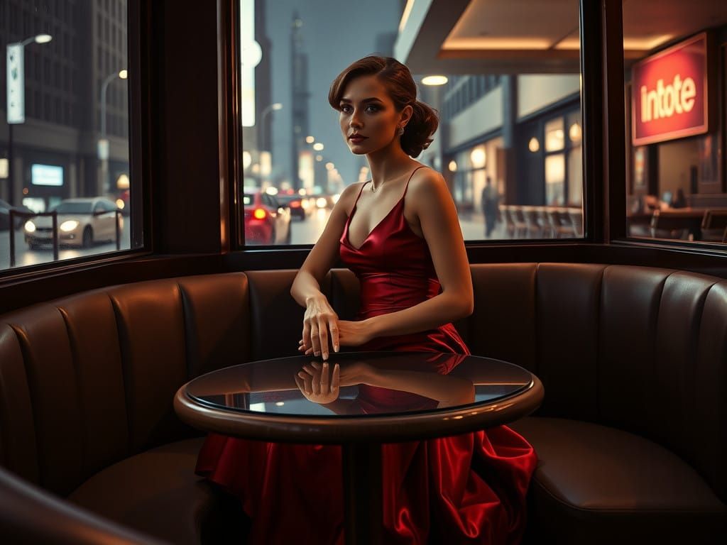 Sultry Woman in Crimson Dress at Urban Café