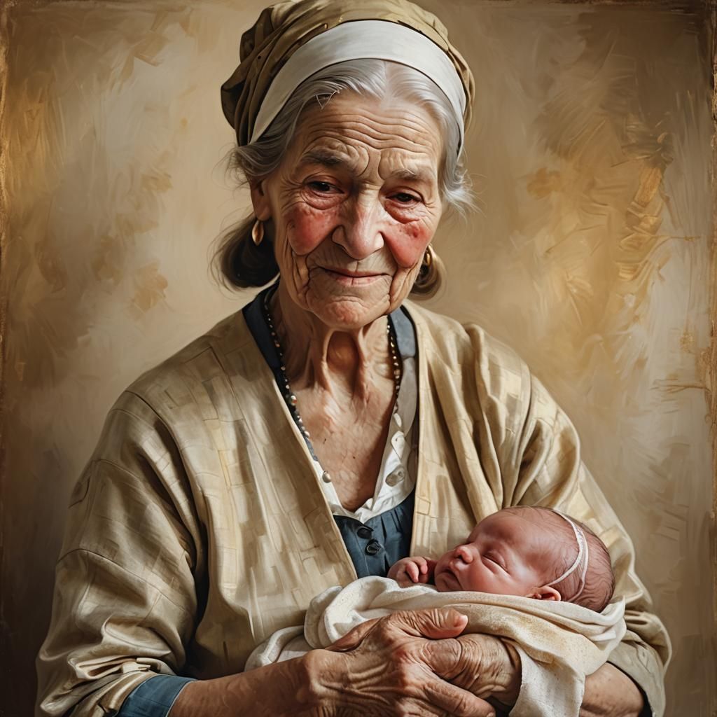 Grandmother and Newborn in Naturalistic Oil Painting Style