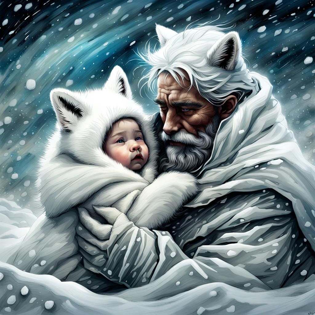 Baby and Fox Snuggle in Blizzard, Hyperrealistic Art