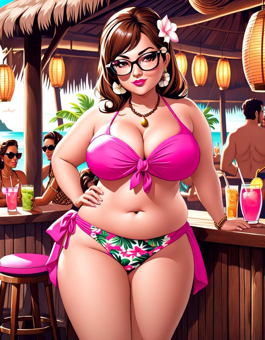 Curvy Woman in Pink Bikini at Tiki Bar
