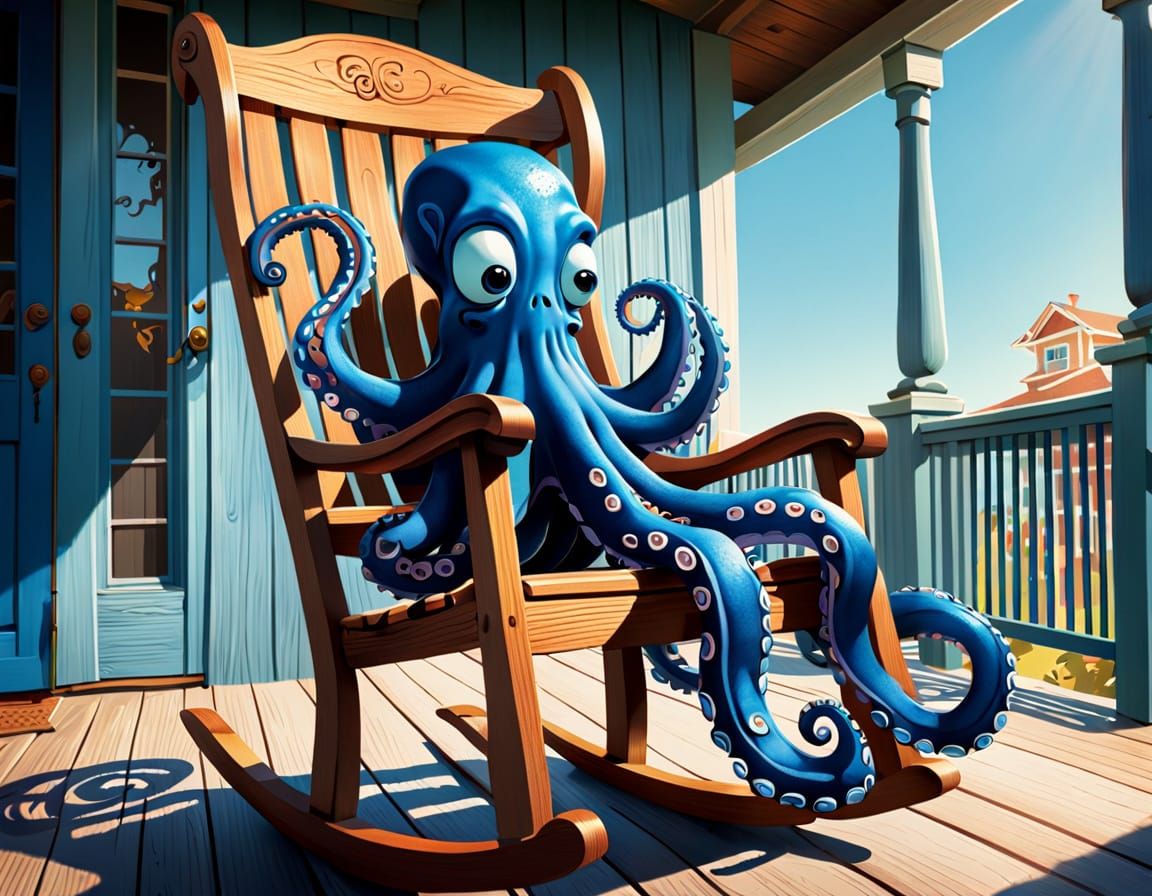 Blue Octopus in Rocking Chair: Classic Cartoon Illustration