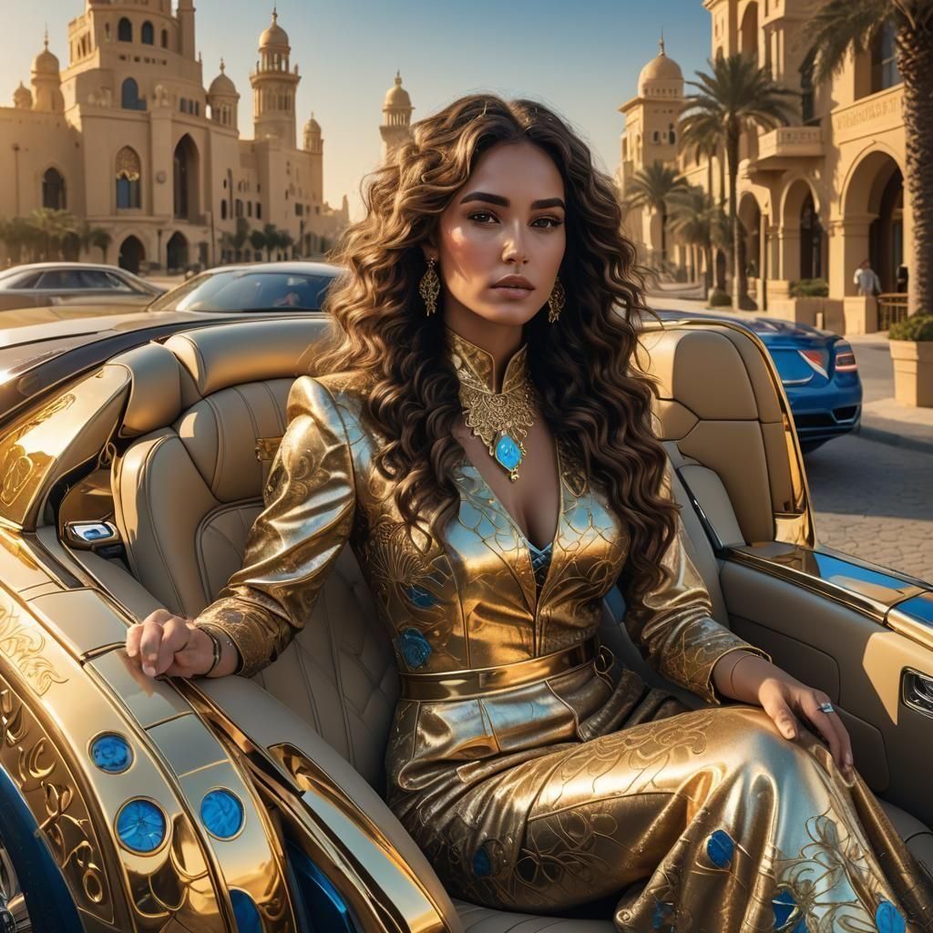 Brunette in Gold Rolls Royce, Dubai: Matte Painting