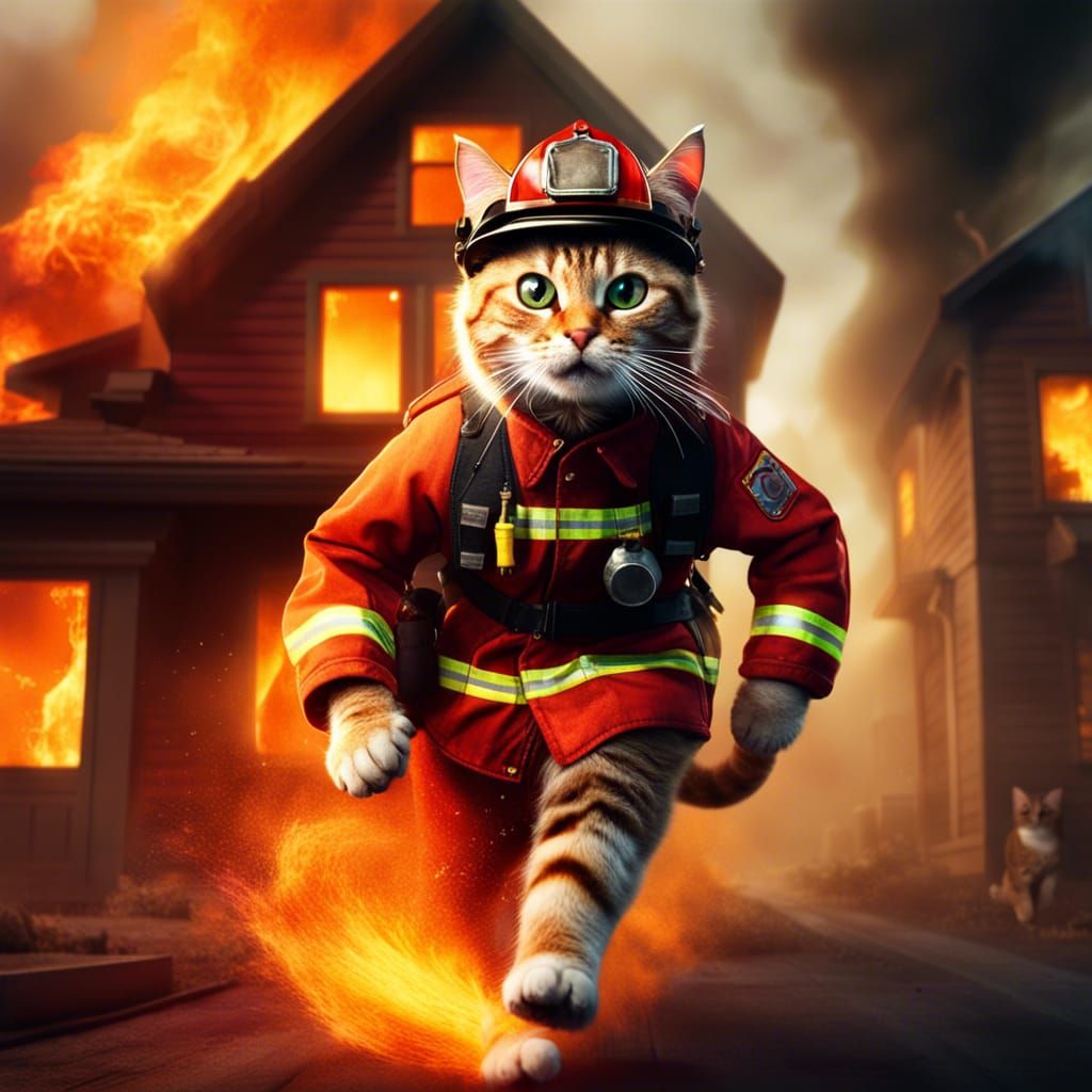 Cat Firefighter in Burning Building: Detailed Matte Painting