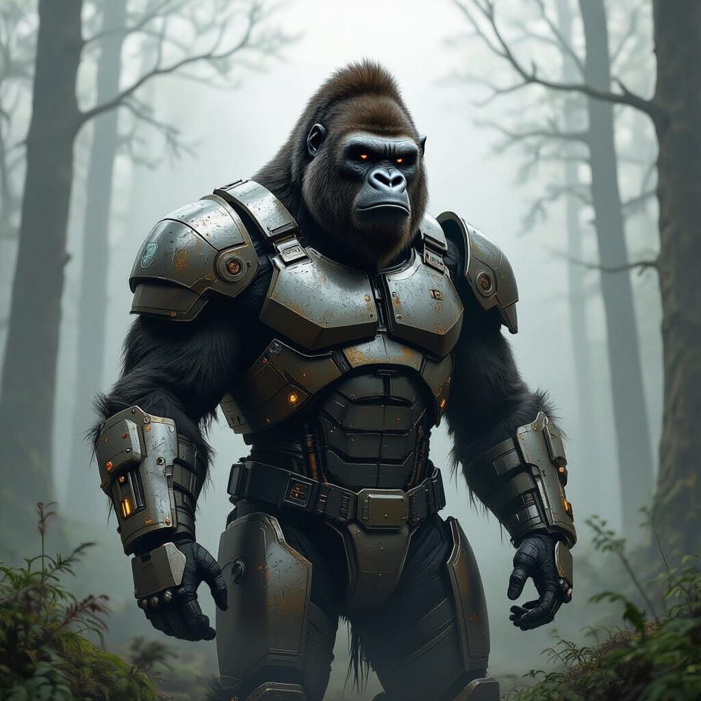 Armored Gorilla in Misty Forest, Industrial Organic Style