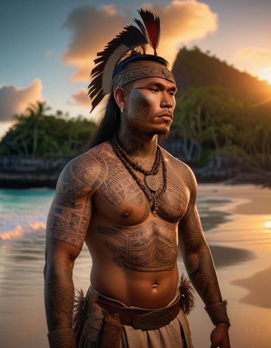 Polynesian Warrior on Tropical Beach at Sunset