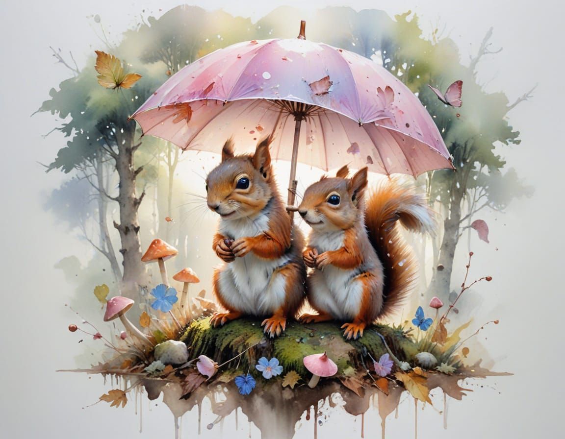Cute Squirrels Share Acorn Under Toadstool Umbrella in Water...