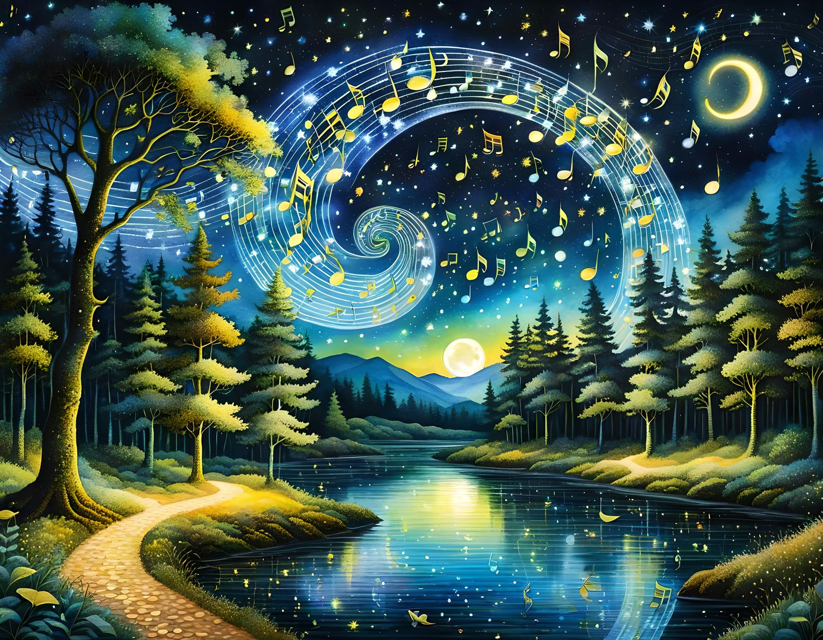 Firefly Fairies Dance Under Starry Pointillist Sky