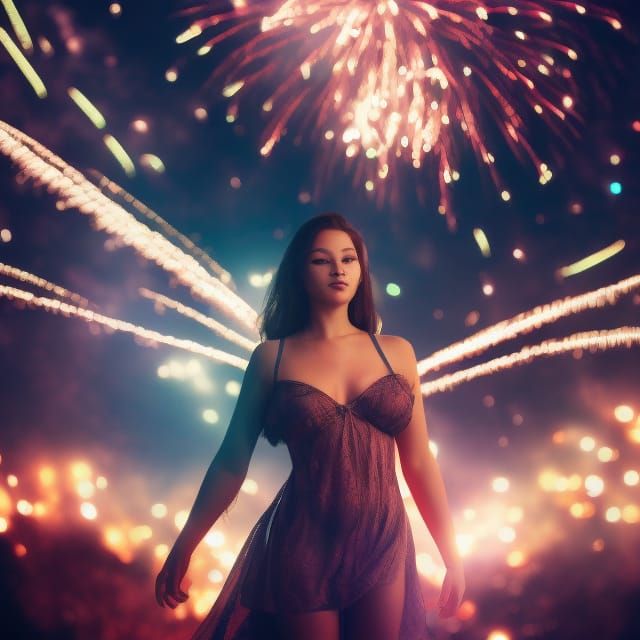 Woman Silhouetted by Fireworks Display: Artstation Quality