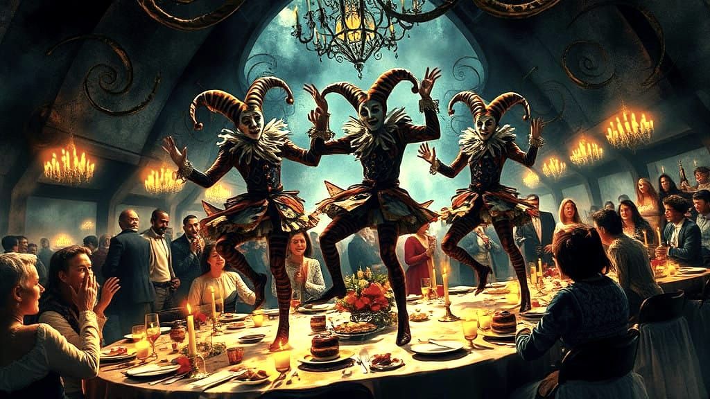 Whimsical Jesters Entertain in a Dark Grand Feast Scene
