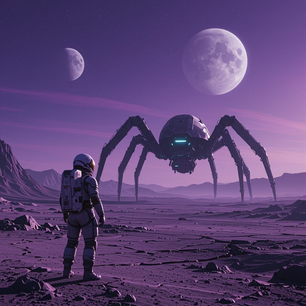 Astronaut on Alien Planet Encounters Giant Mechanical Spider