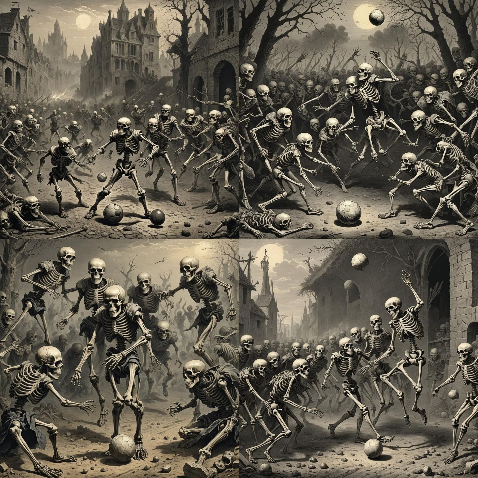 Skeletons Play Football in Skull: Horror Illustration