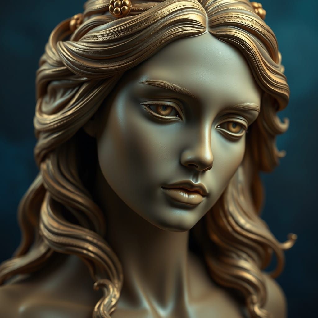Hyper-Realistic Wax Goddess in Luxurious Blue and Gold