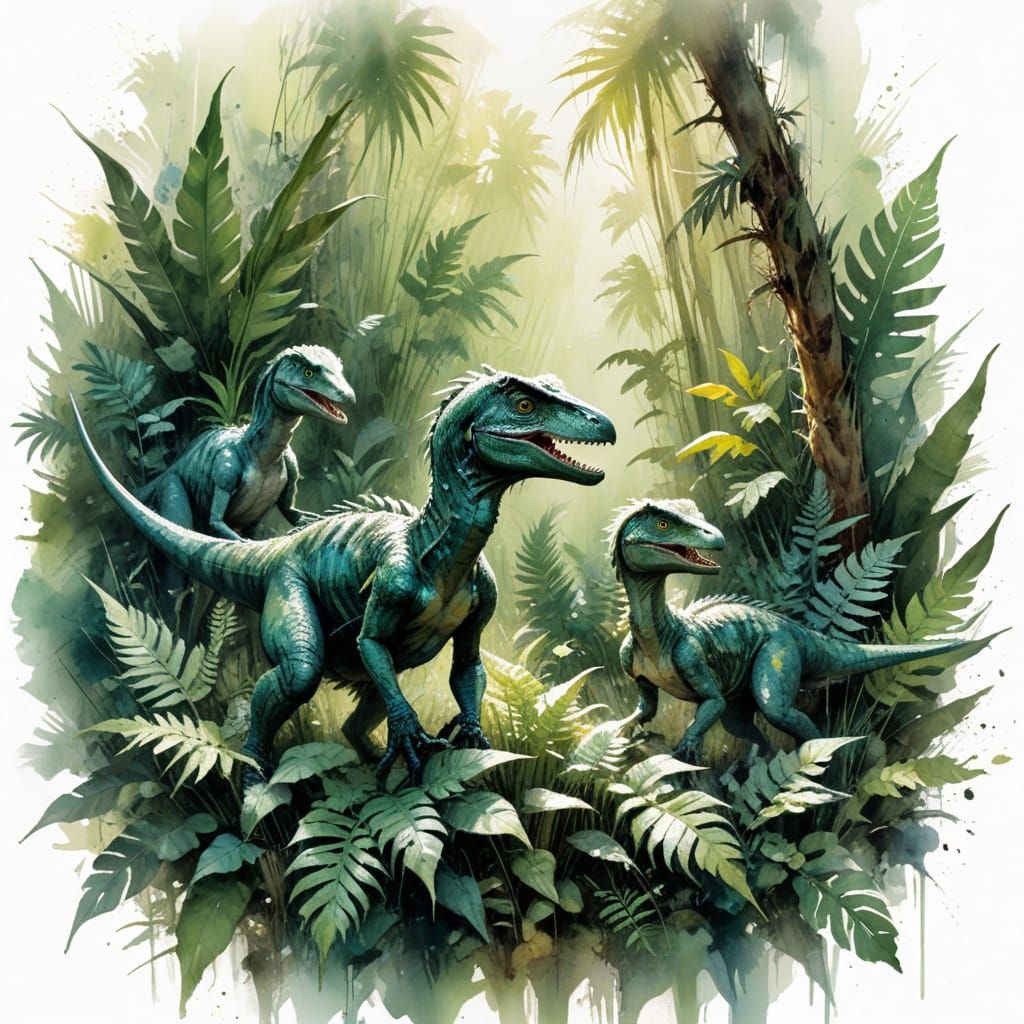 Velociraptor Hatchlings Play in Emerald Jungle Clearing