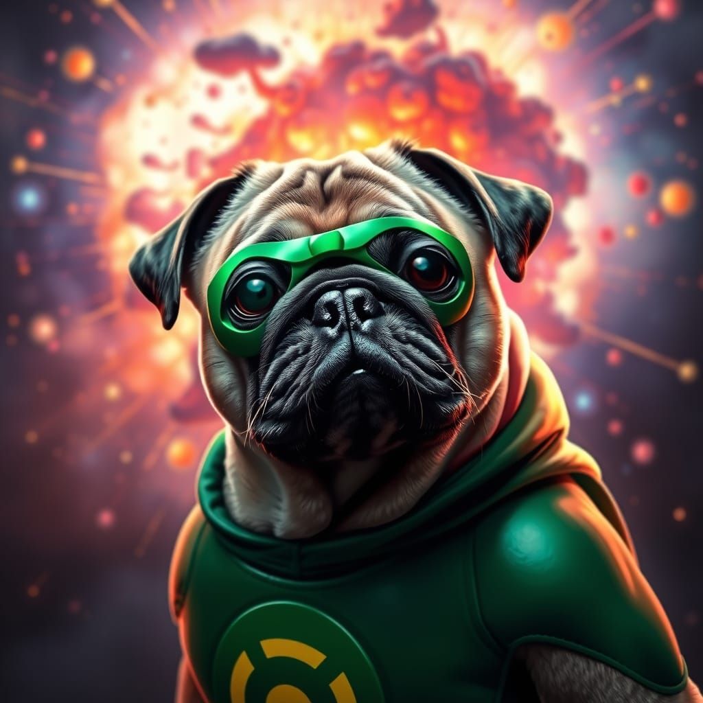 Pug as Green Lantern in Hyperrealistic Style