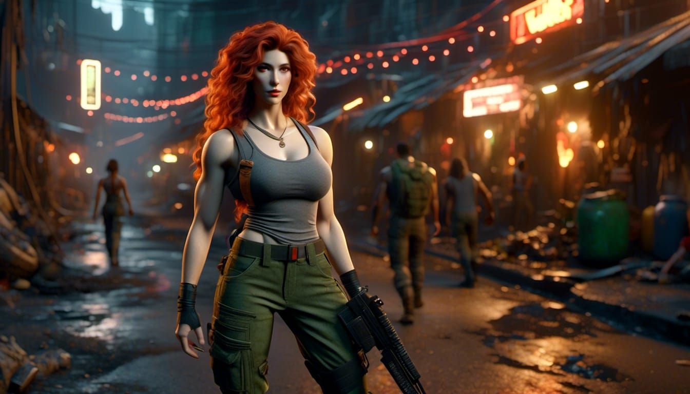 Woman in Desolate Neon Cityscape