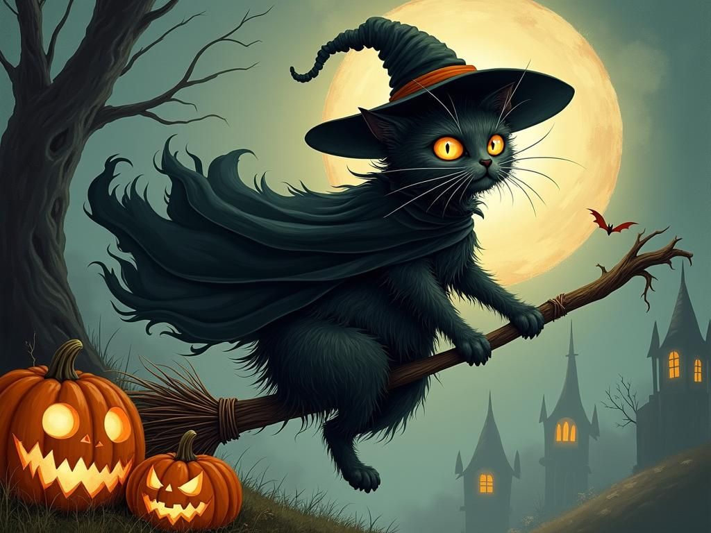 Halloween Cat Rides Broomstick in Fairy Tale Illustration