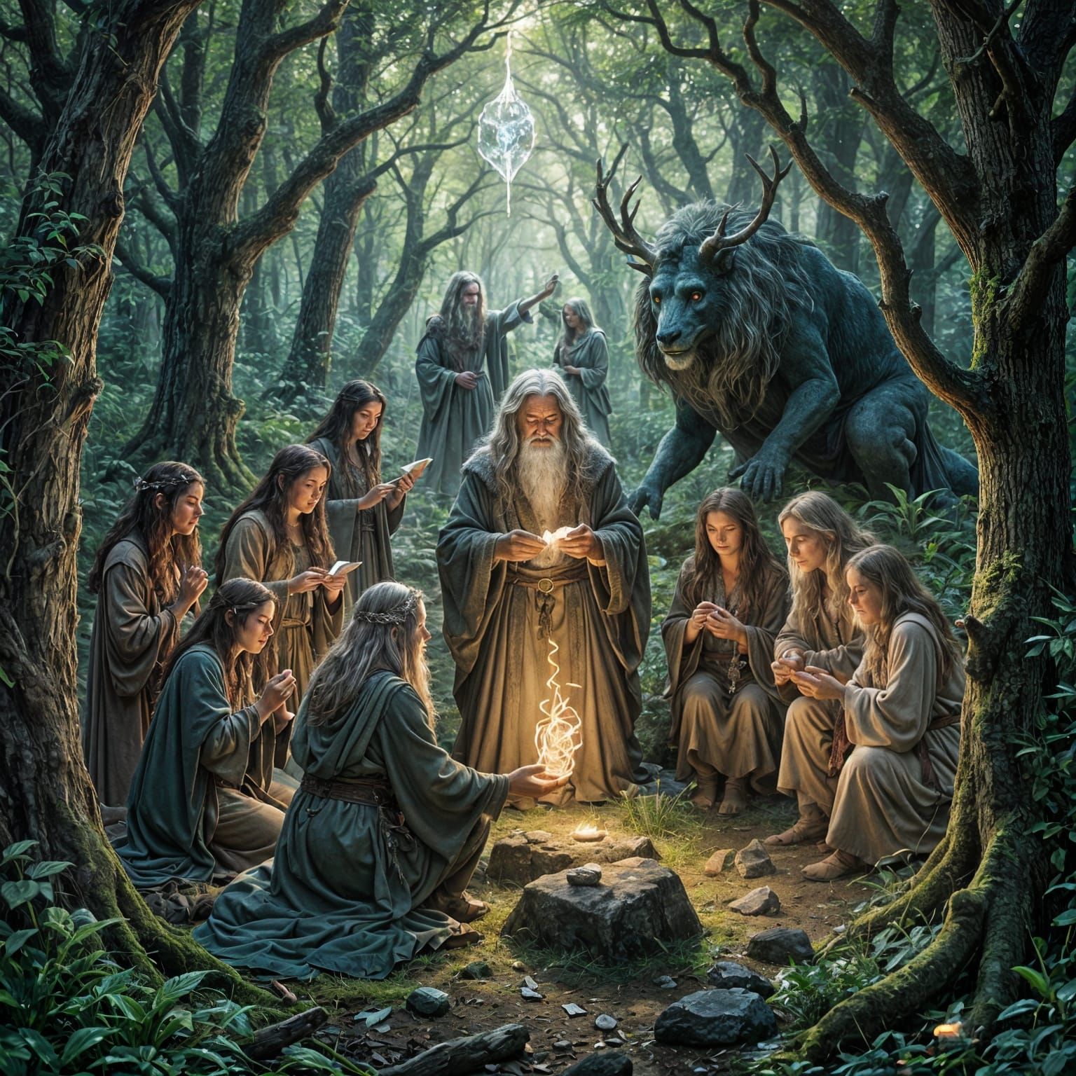 Ancient Sages Unite in Mystical Springtime Forest