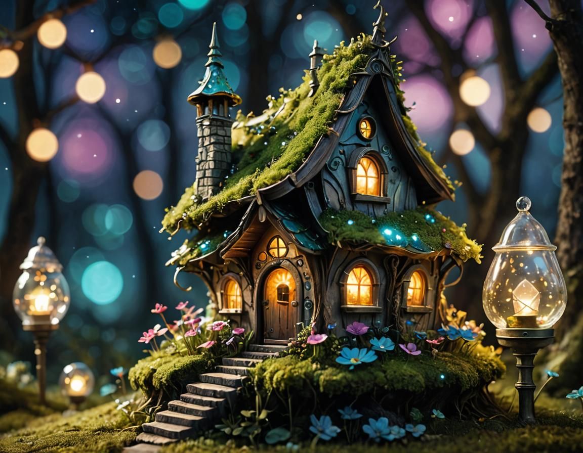 Holographic Fairy House in Vaporwave Style