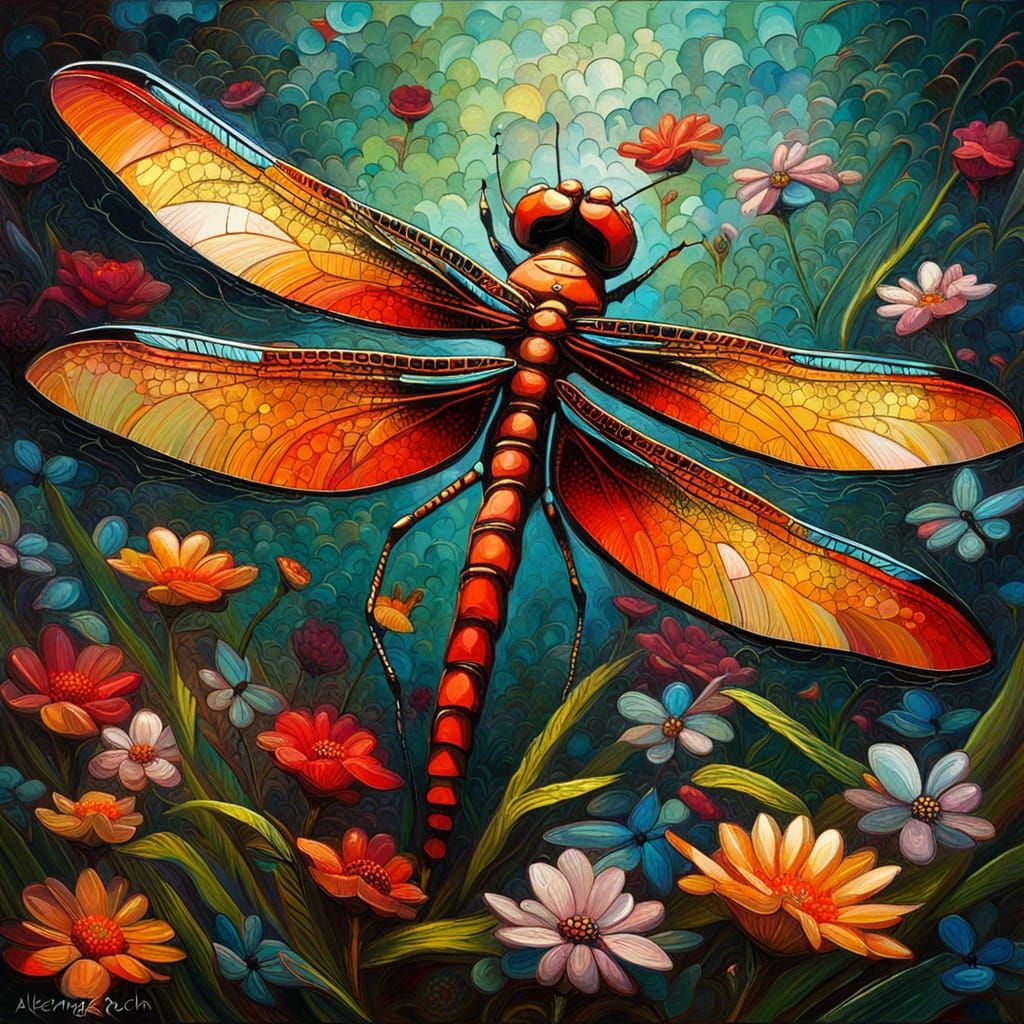 Dragonfly in Flower Garden: Expressionist Oil Painting