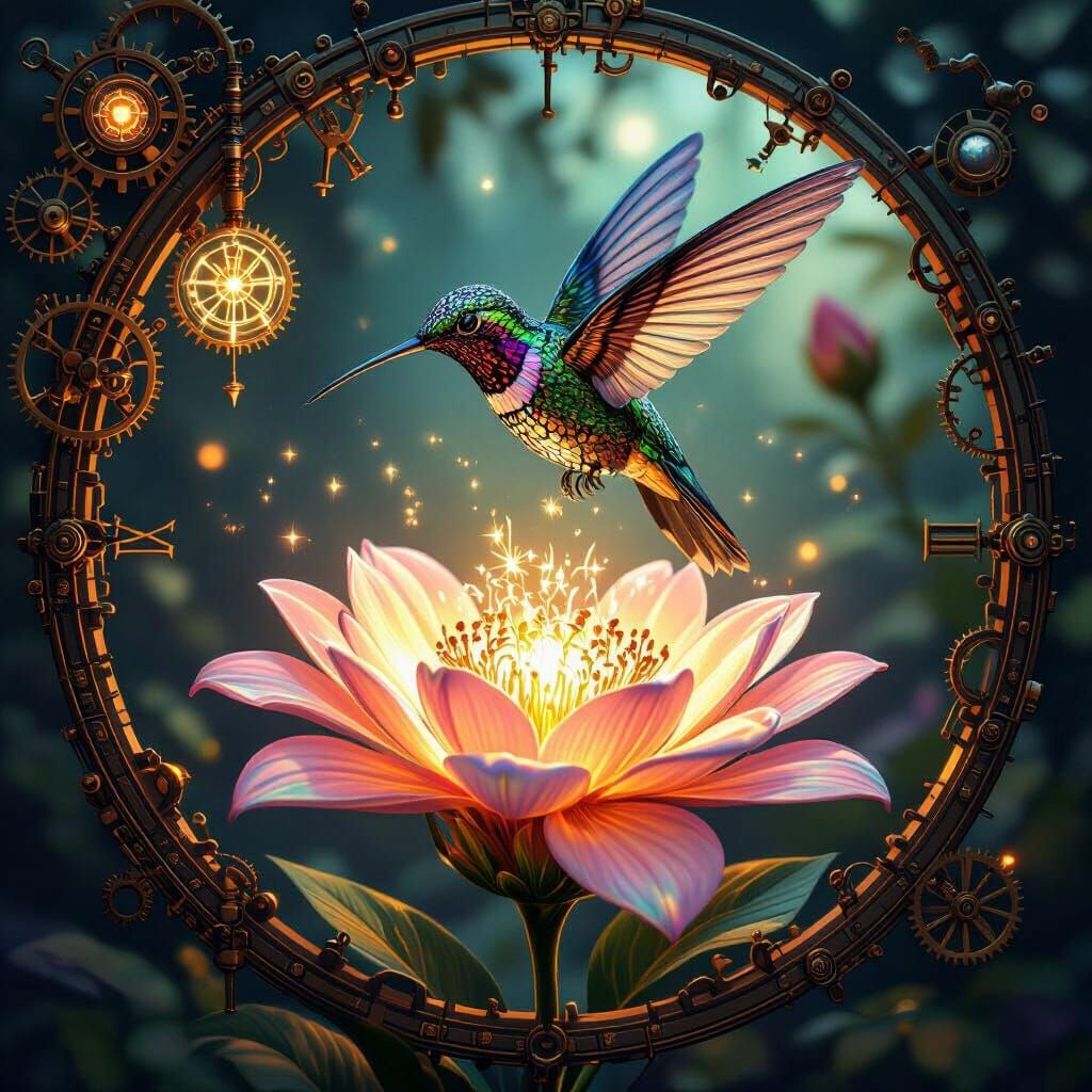 Clockwork Hummingbird and Celestial Flower in Steampunk Styl...