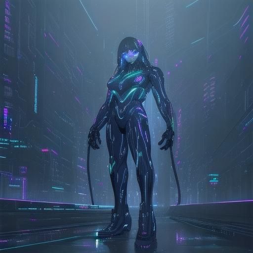 Cyberpunk Technokinetic Being in Neon Cityscape