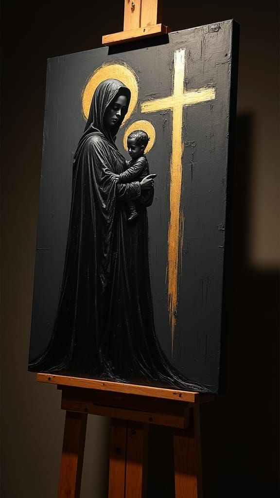 Black Madonna and Child Painting with Golden Cross