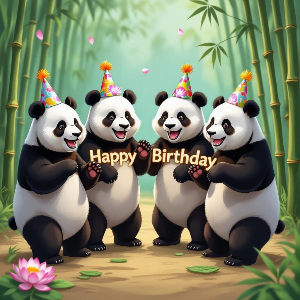 Pandas Celebrate Birthday with Lotus Hats in Bamboo Forest