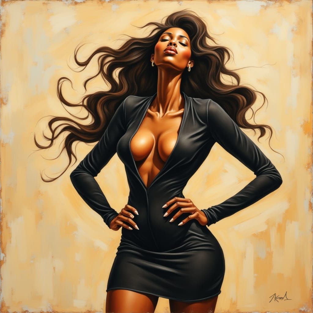 Black Woman Beauty in Neo-Impressionist Oil Painting