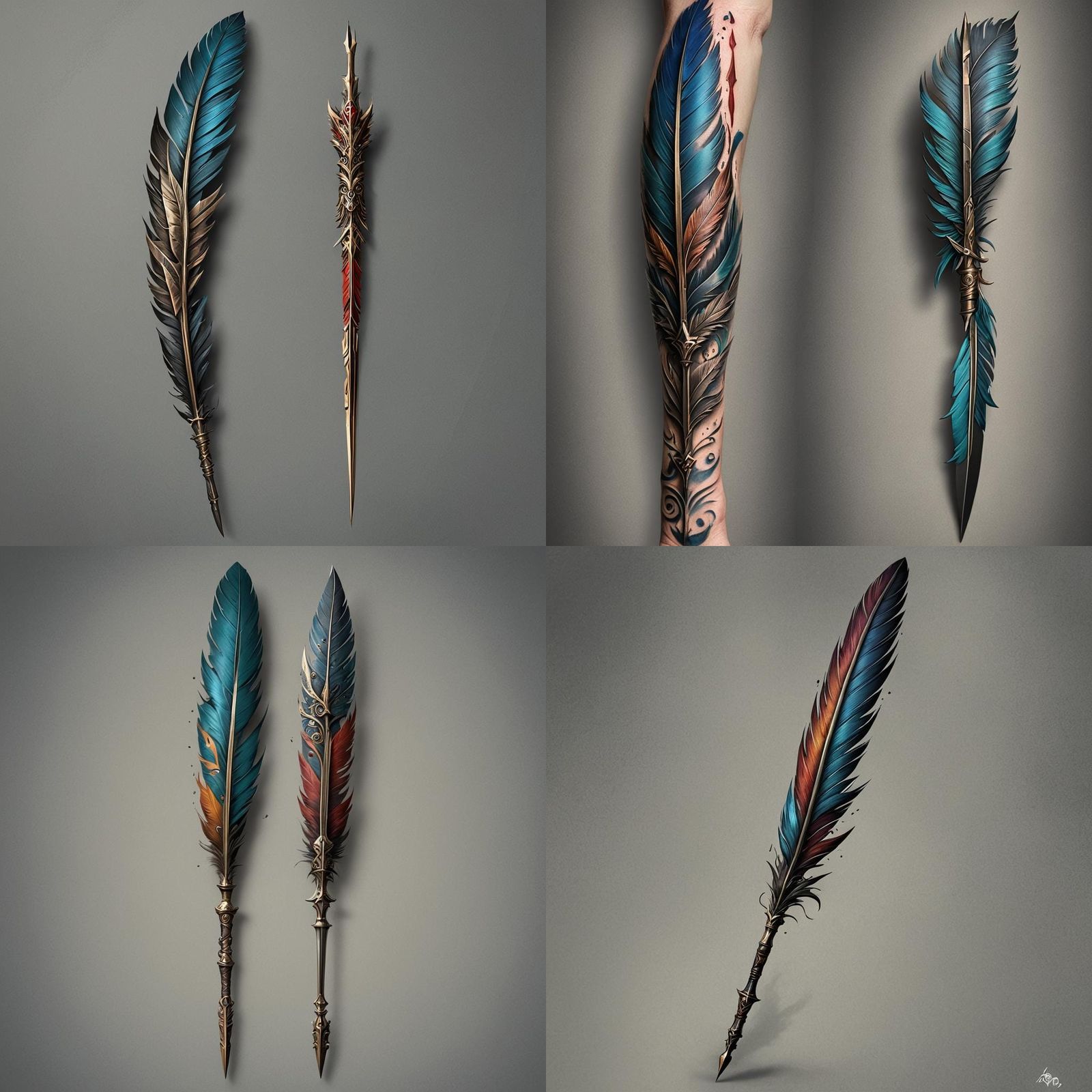 Spear and Feather Tattoo in Detailed Matte Style