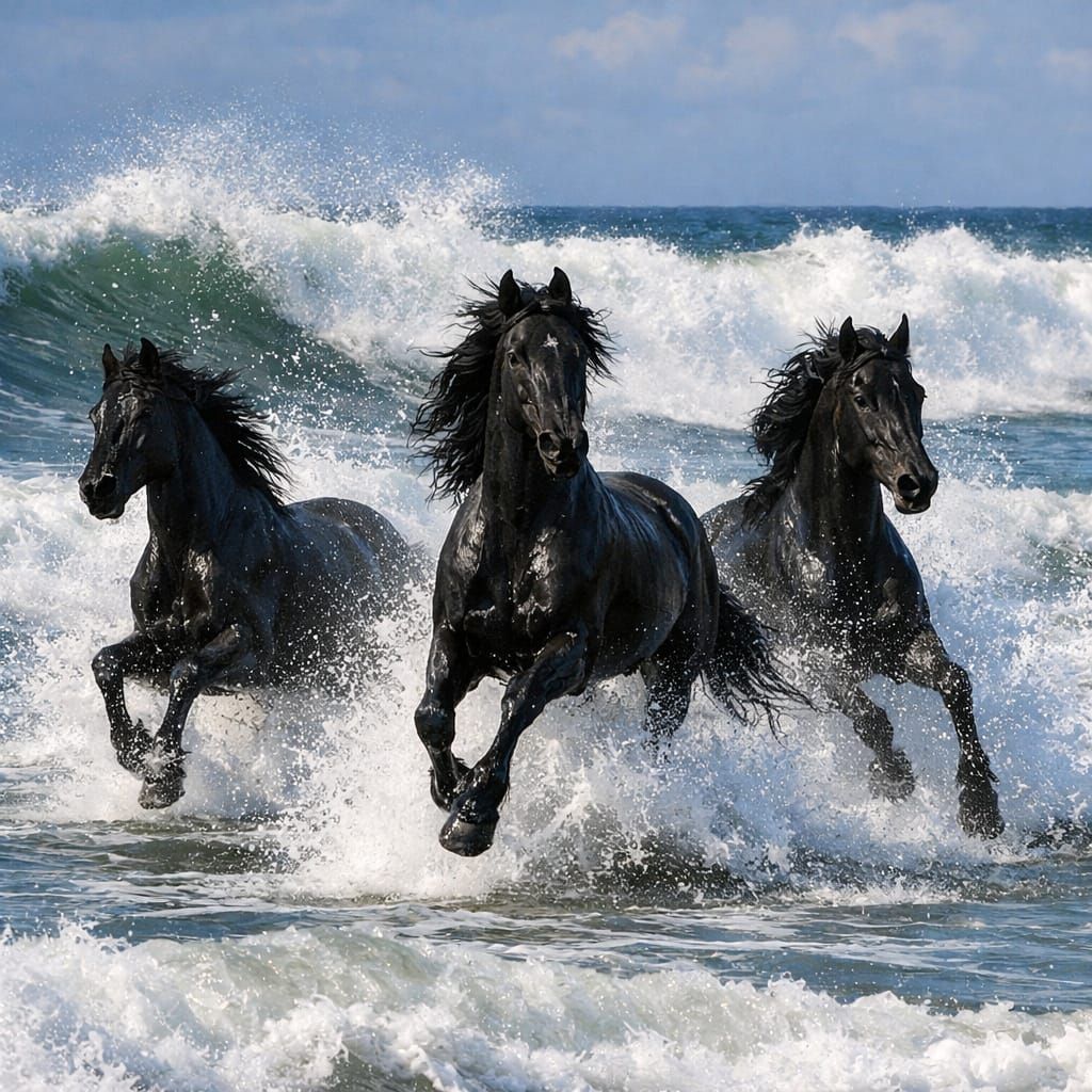 Black Horses Galloping in the Sea with Waves