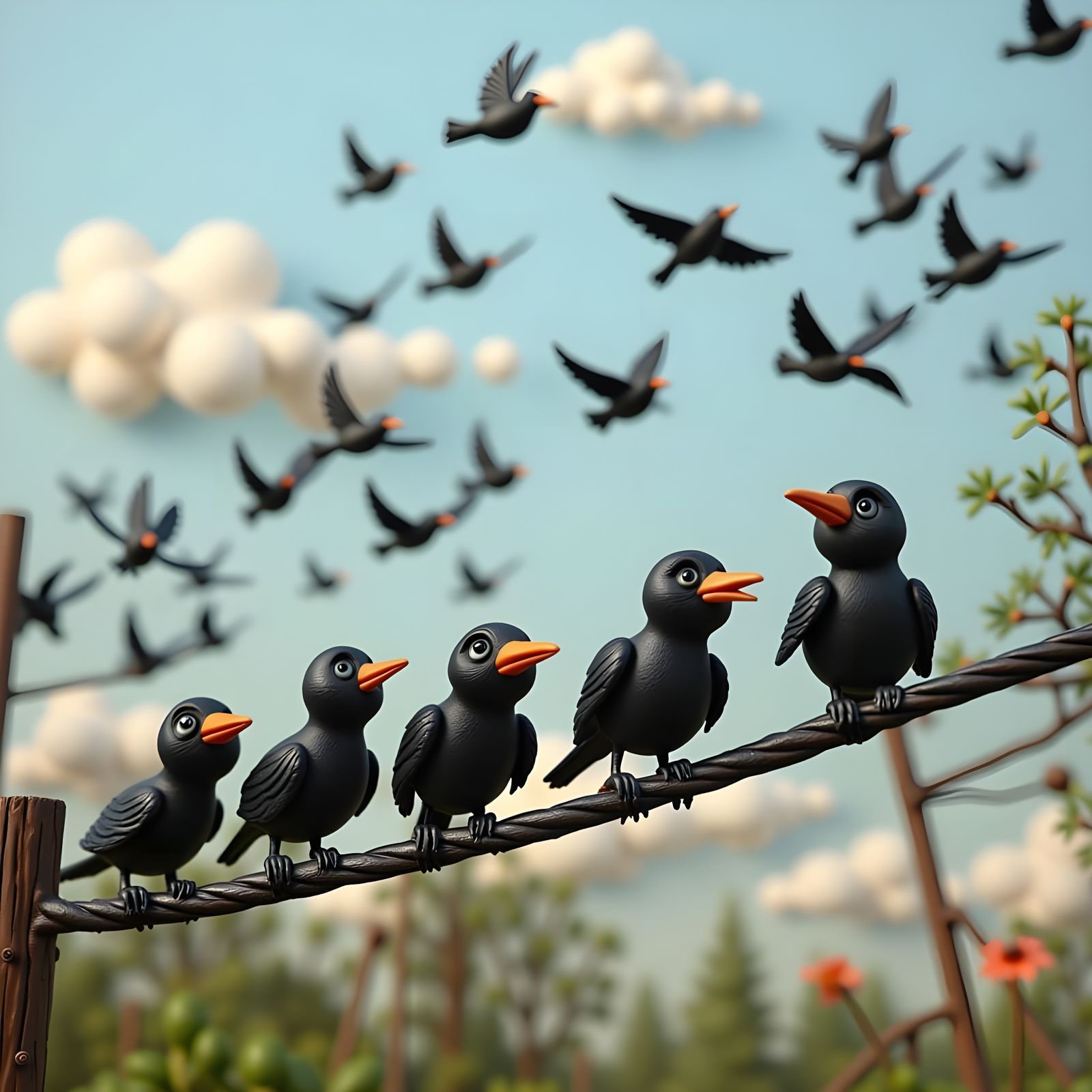 Claymation Starlings Murmuration on Telegraph Wires