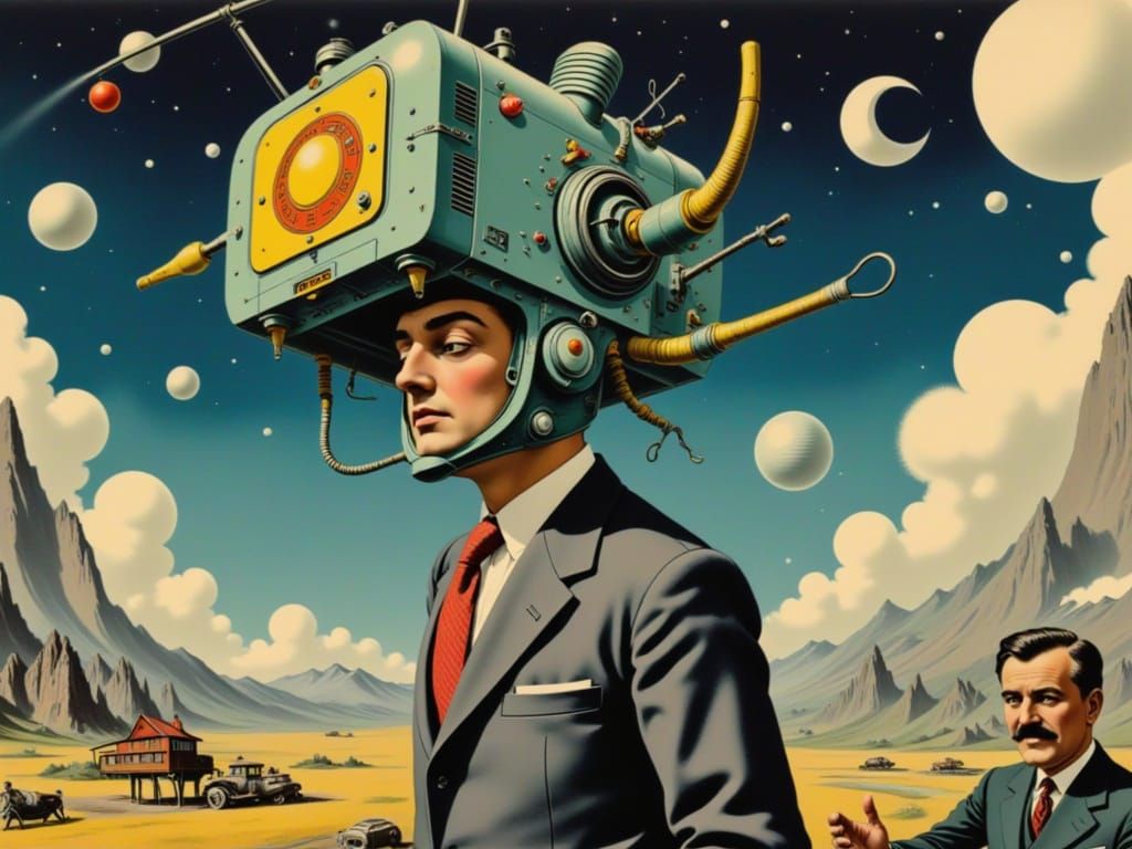 Retro-Futuristic Newsman with Square Head in Studio