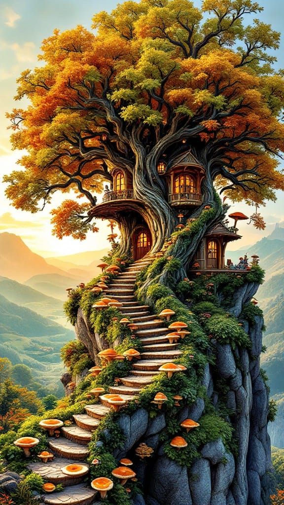 Ethereal Art Nouveau Sycamore Treehouse Amidst Autumn Glory