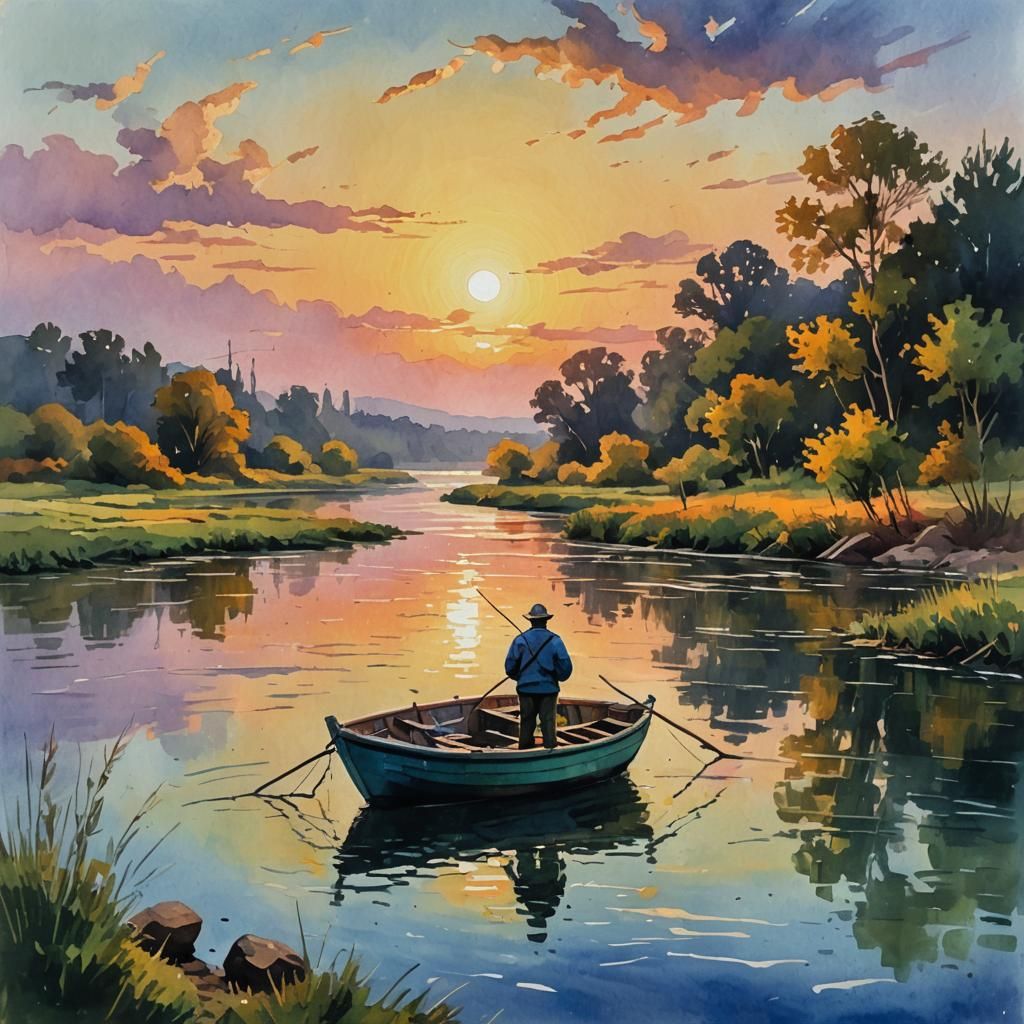 Fisherman at Sunset: Gouache Watercolor Impressionist Painti...