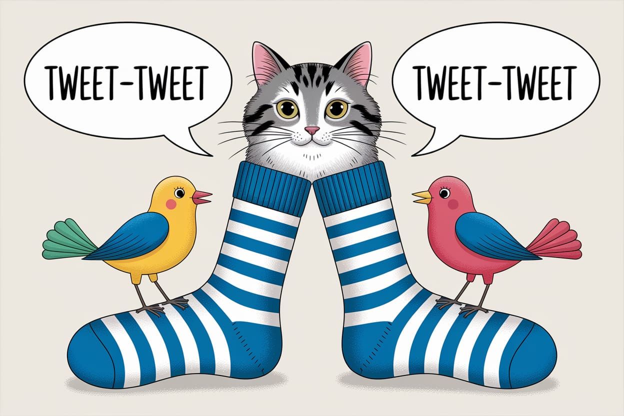 Cat Wearing Socks with Birds Illustration