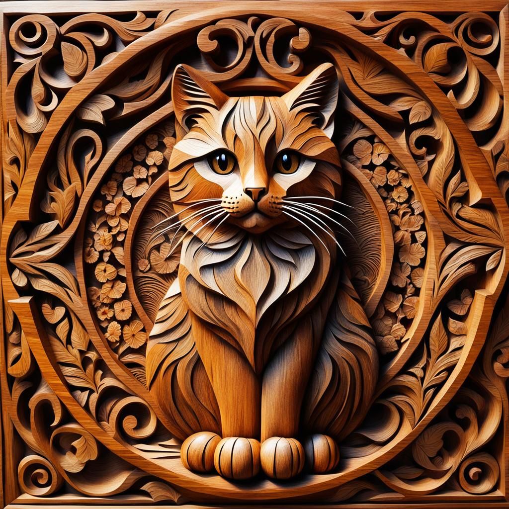 Wooden Carving Art: Adorable Feline Portrait