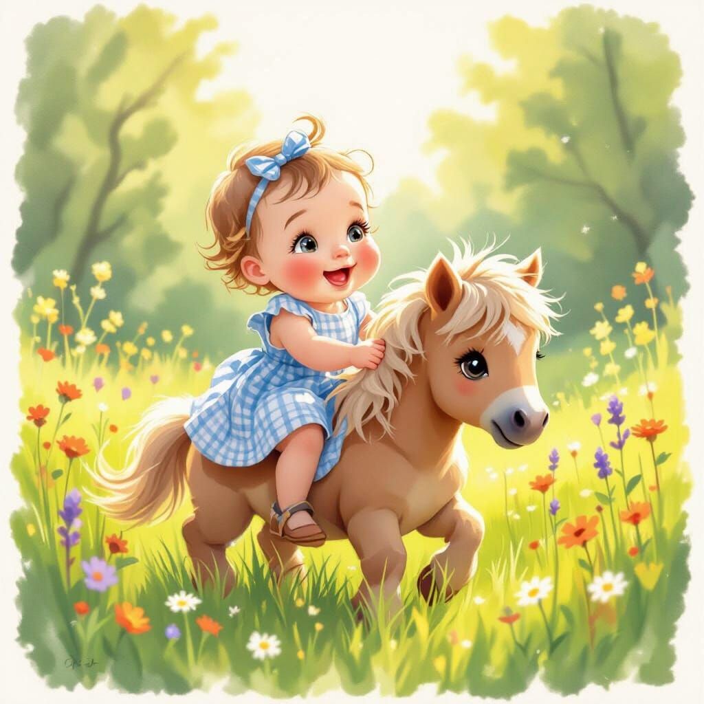 Joyful Baby Rides Fluffy Pony in Meadow Storybook Style