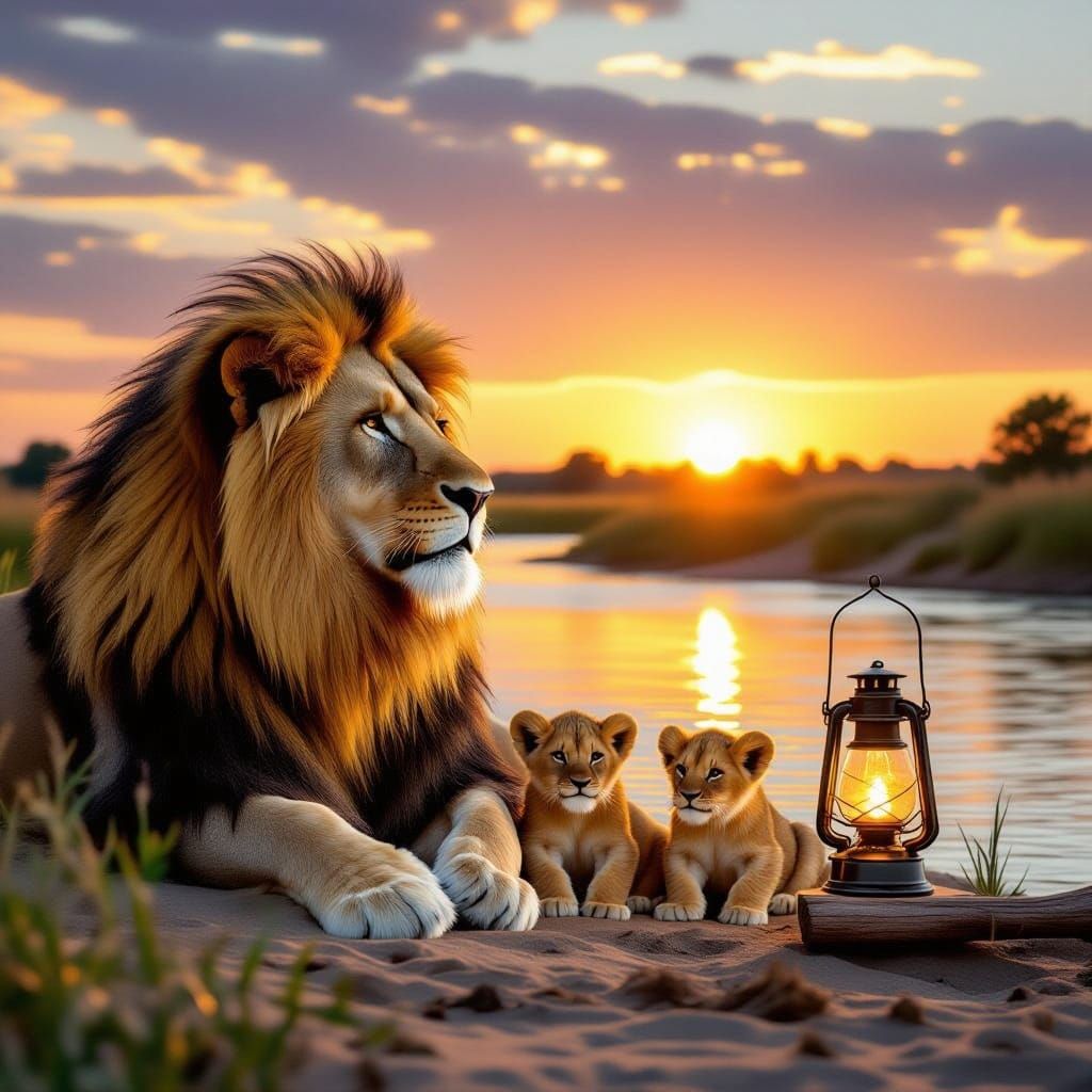 Lion Family at Sunrise: A Realistic Painting