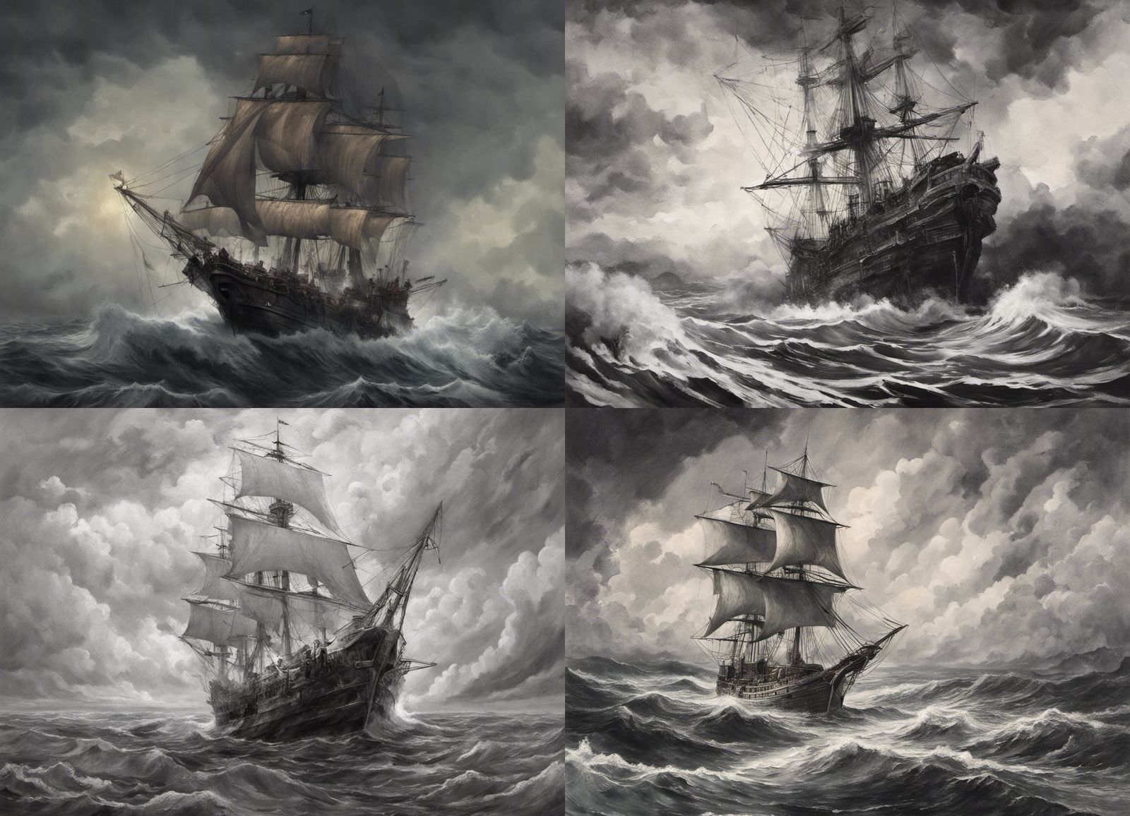 Monochromatic Pirate Ship in Stormy Seas