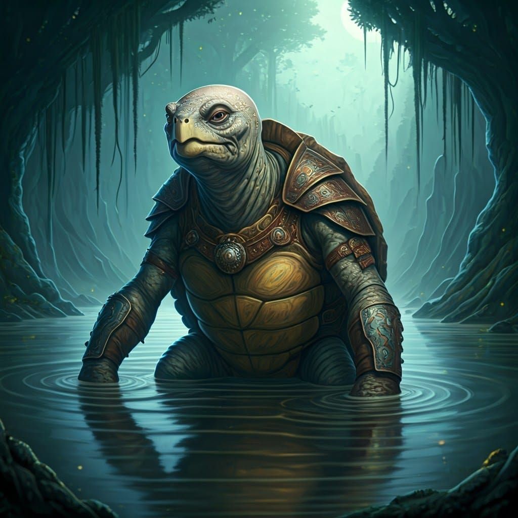 Mystical Kappa Warrior in Ancient Armor, Beside a Swampy Lan...