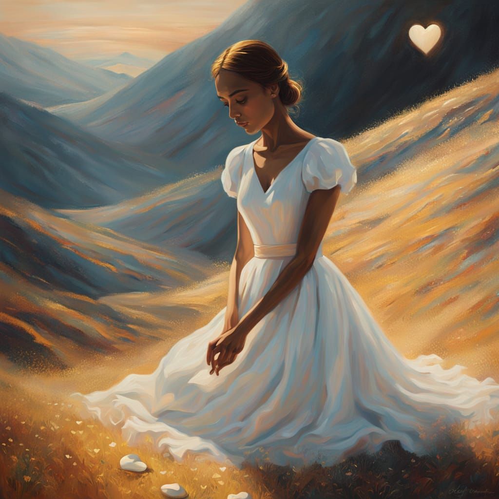 Serene Surrealist Painting: Girl Places White Heart on Mount...