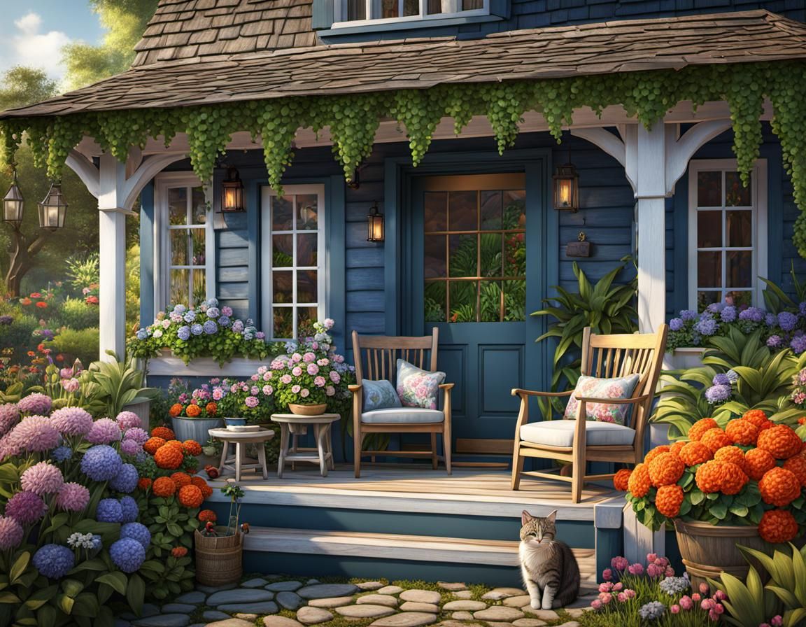 Cozy Cottage with Cat: Fantasy Matte Painting