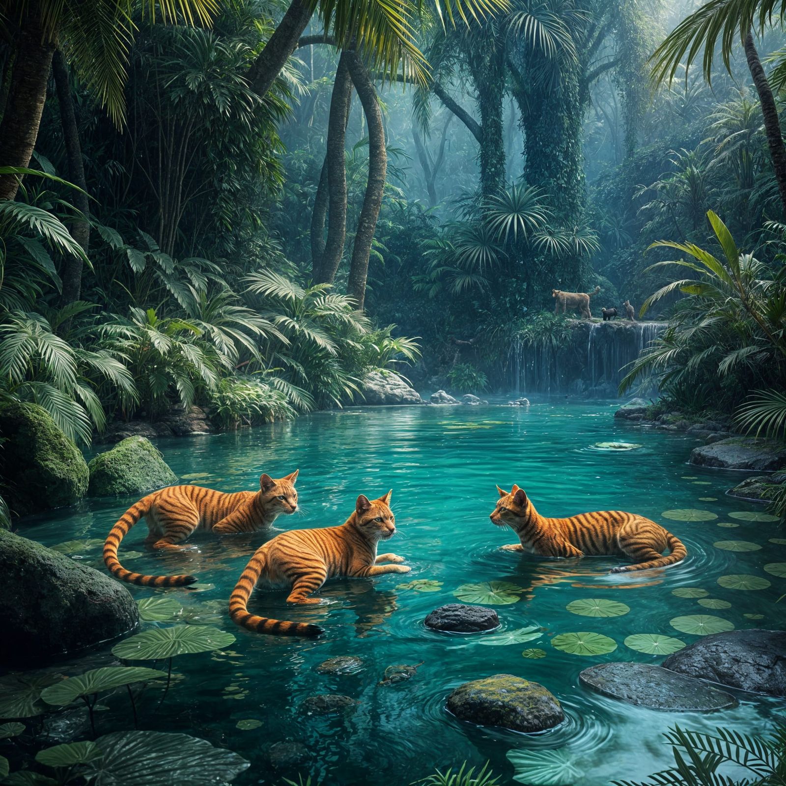 Jungle Oasis with Cats in Vivid Colors