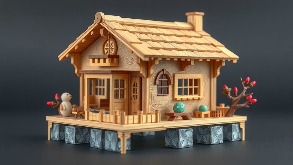 Whimsical Wooden House Miniature with Carved Details